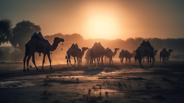 Een groep kamelen wordt afgetekend tegen een zonsondergang skygenerative ai