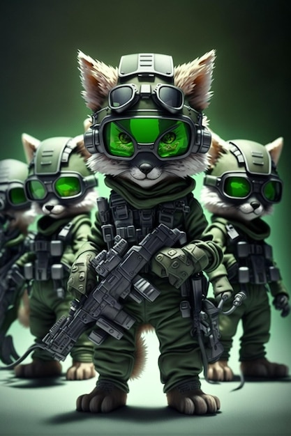 Een groep katten in militaire uitrusting met groene ogen generatieve ai