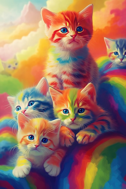 Een groep katten met verschillende kleuren op hun hoofd