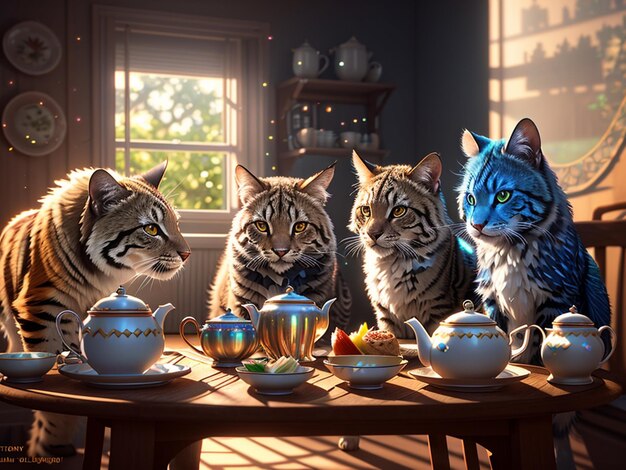 Een groep katten zit aan een tafel met theepotten en theepotten.