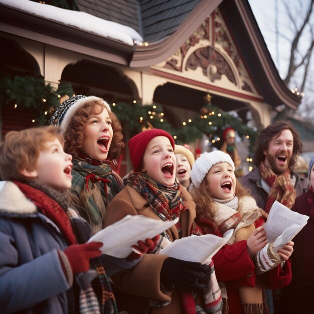 Een groep kerstliederen die zich tegen de kou bundelen en vreugdevol zingen voor een versierd huis