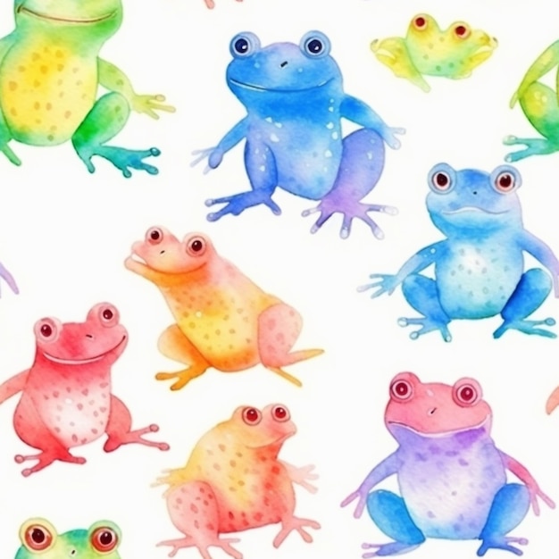 Een groep kikkers geschilderd in verschillende kleuren en maten generatieve ai