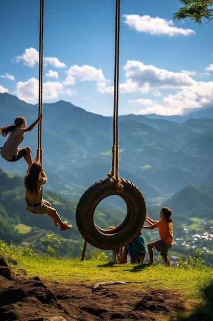 een groep kinderen die aan een bandenschommel hangen