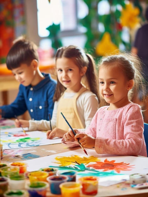 Een groep kinderen die aan een tafel zitten te schilderen