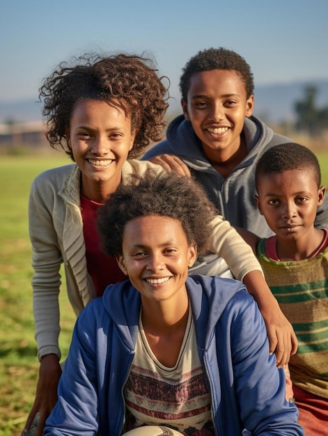 Foto een groep kinderen die bovenop een weelderig groen veld zitten