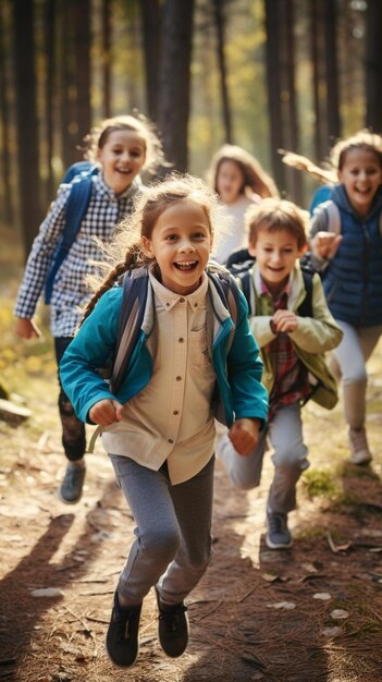 een groep kinderen die door het bos rent