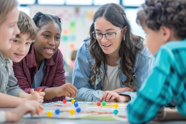 Een groep kinderen die een bordspel spelen