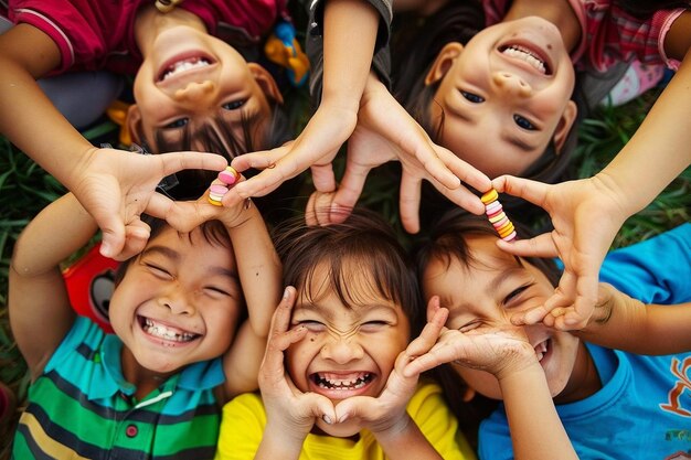 Een groep kinderen die een hart maken met hun hand