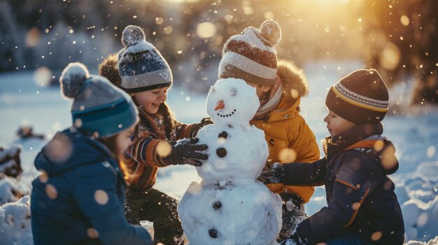 Een groep kinderen die in de winter een sneeuwman bouwen en teamwerk en creativiteit tonen