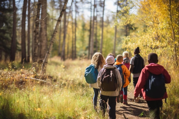 Een groep kinderen die in een bos met bomen en gras lopen.