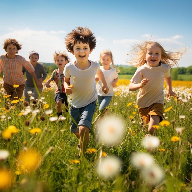 Foto een groep kinderen die in een veld met madeliefjes rennen
