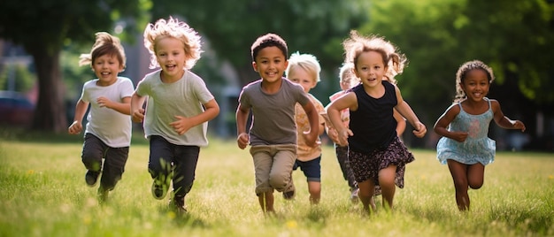 een groep kinderen die in een veld rennen