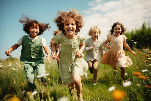 Foto een groep kinderen die in het groene gras springen.