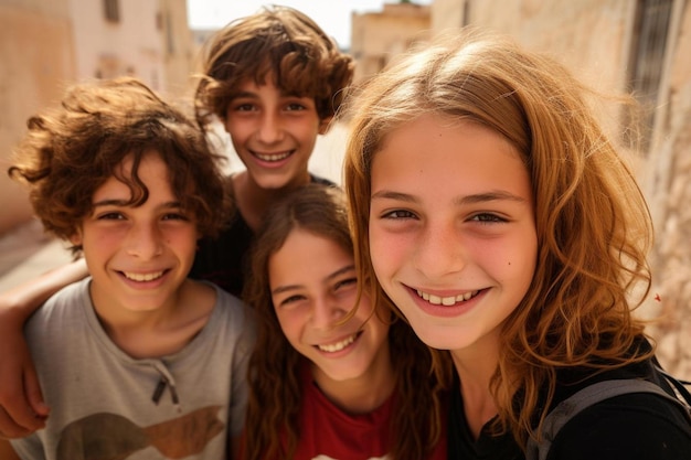 een groep kinderen die lacht en poseert voor een foto.