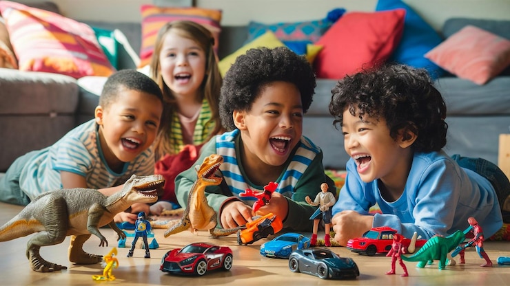 Foto een groep kinderen die met legos en auto's spelen