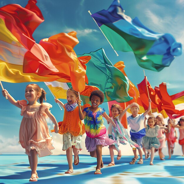 een groep kinderen die met vlaggen op de achtergrond rennen