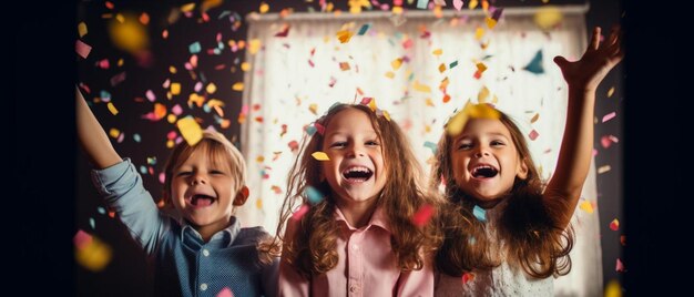 Foto een groep kinderen die naast elkaar staan onder confetti