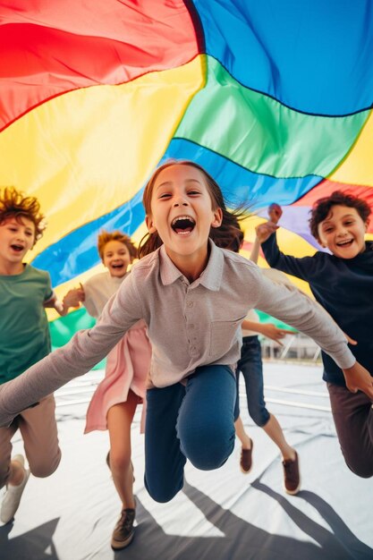 een groep kinderen die onder een regenboogkleurige tent spelen