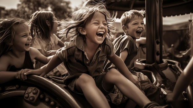 Foto een groep kinderen die op een achtbaan rijden.