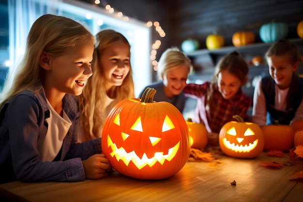 Een groep kinderen die pompoenen snijden en angstaanjagende gezichten maken.