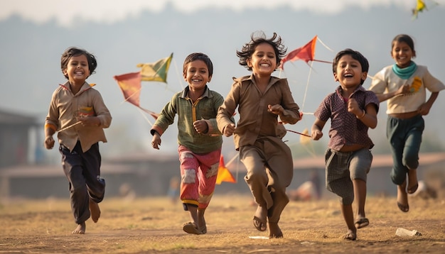 een groep kinderen die rennen en lachen terwijl ze vliegers achtervolgen tijdens Makar Sankranti
