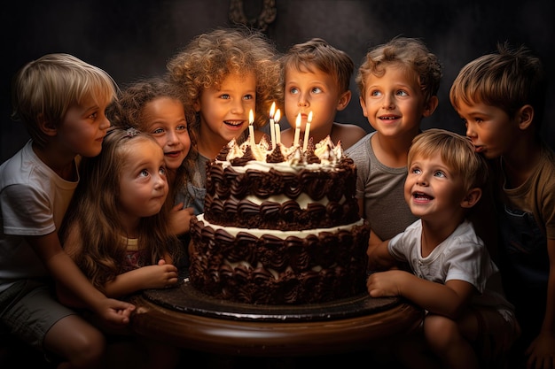 Een groep kinderen die rond een chocoladekoek staan met verlichte kaarsen