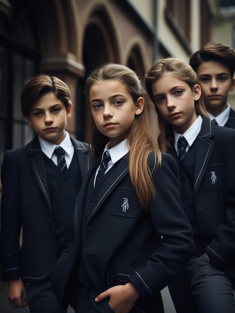 Foto een groep kinderen die schooluniformen dragen en het woord 'school' op de voorkant.