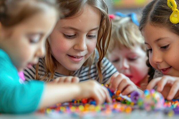 Foto een groep kinderen die zich bezighouden met hun ambachten