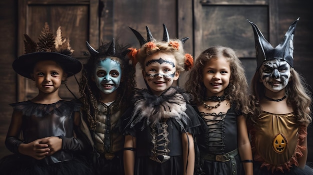 Een groep kinderen gekleed in halloween-kostuums generatieve ai