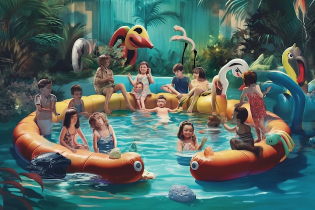 Een groep kinderen houdt een poolparty