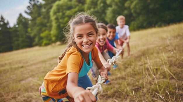 Een groep kinderen in een tugofwar spel