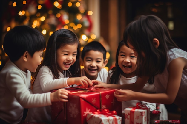 Een groep kinderen maakt met Kerstmis vrolijk kerstcadeautjes open voor de open haard
