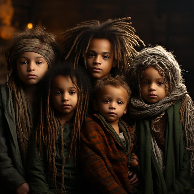 Een groep kinderen met dreadlocks en een kopfoto van hen.