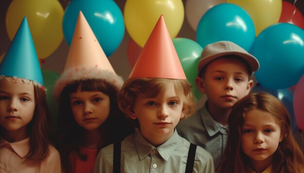 Een groep kinderen met feestmutsen staat voor ballonnen.