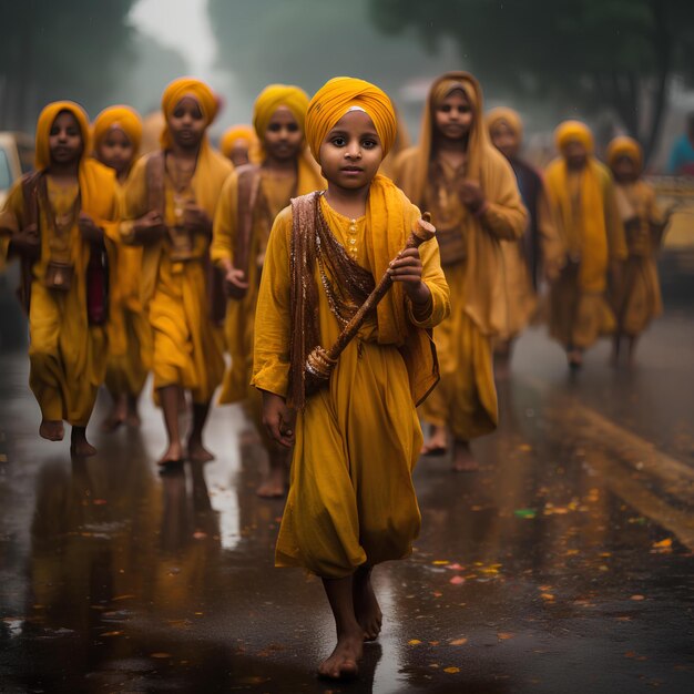 Een groep kinderen met gele tulbanden die door de regen lopen