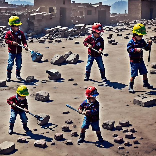 Een groep kinderen met helmen en helmen werkt op een door AI gegenereerde bouwplaats