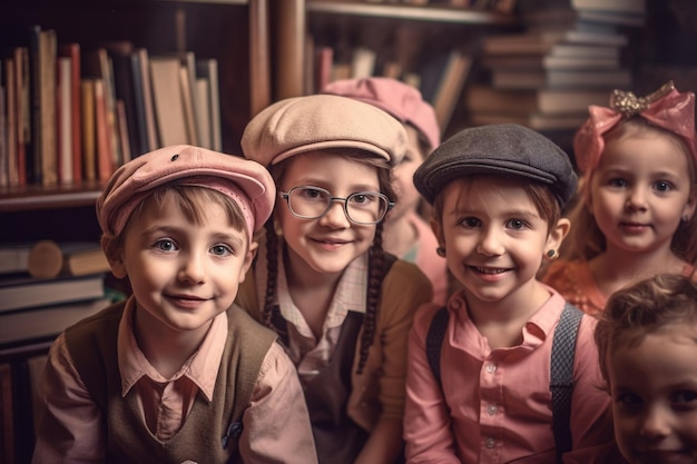 Een groep kinderen met hoeden op en zittend in een bibliotheek