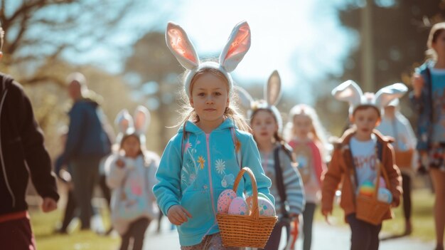 Foto een groep kinderen met konijnenoren draagt manden met paaseieren.