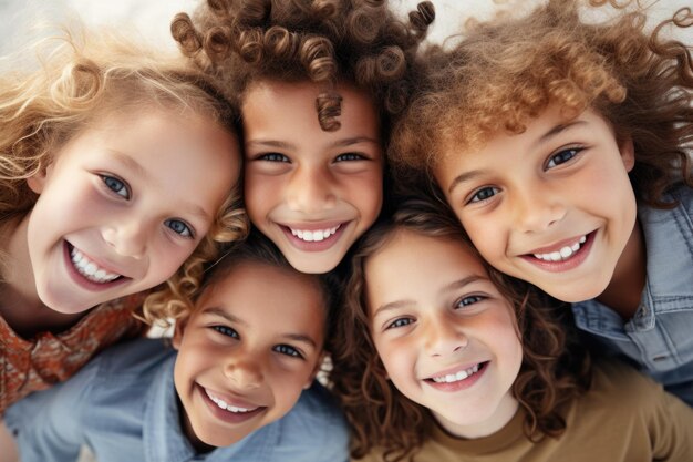 Een groep kinderen met krullend haar glimlacht en poseert voor een foto