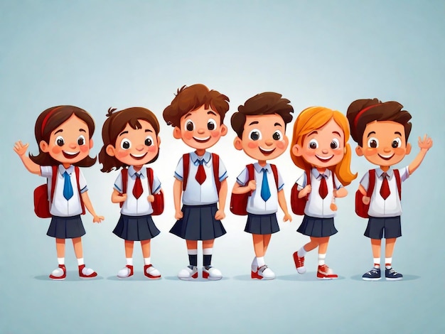 een groep kinderen met schooluniformen en het woord "school" aan de onderkant