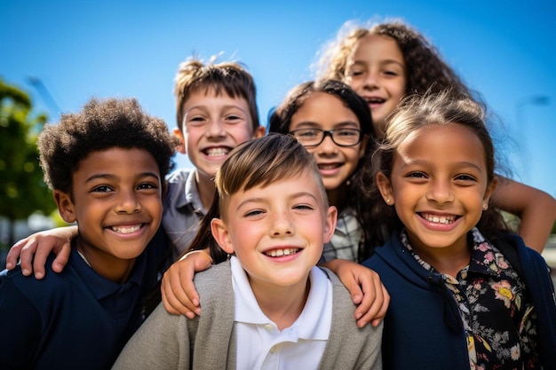 een groep kinderen poseert voor een foto met hun armen om elkaar heen.