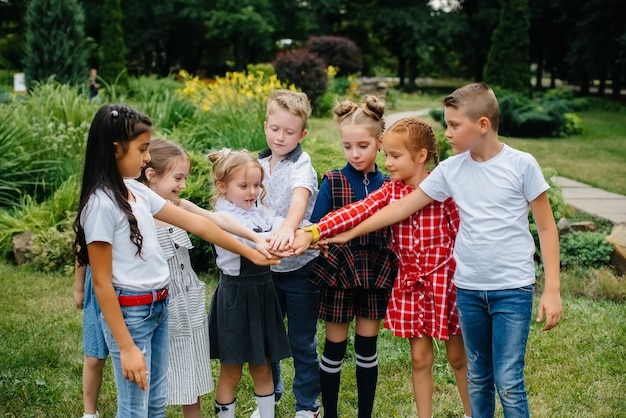 Een groep kinderen rennen rond, hebben plezier en spelen als een groter team in de zomer in het Park