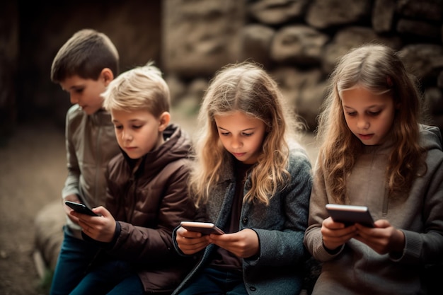 Een groep kinderen speelt enthousiast met een smartphone. Verslaving aan smartphones bij kind