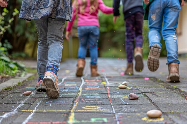 Foto een groep kinderen speelt hopscotch op een stoep.