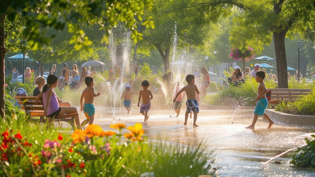 Een groep kinderen speelt in een fontein in een park AIG41