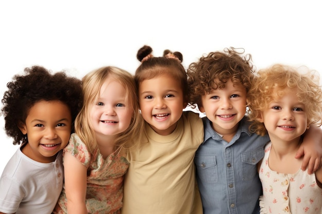 Een groep kinderen staat op een rij, allemaal lachend en kijkend naar de camera