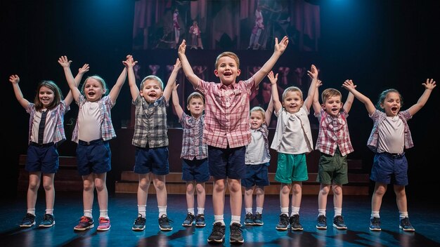 Een groep kinderen staat op het podium met hun armen omhoog.