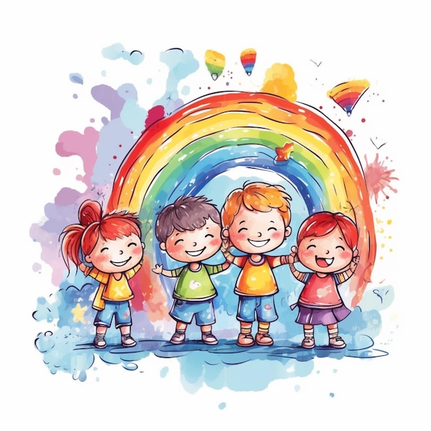 Een groep kinderen staat voor een regenboog generatieve ai