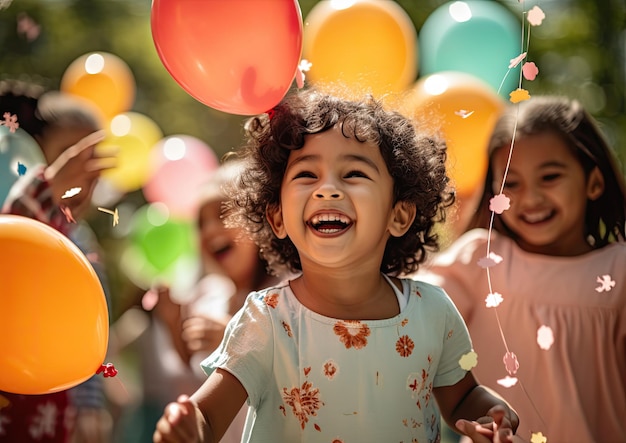 Een groep kinderen van verschillende etnische achtergronden die samen spelen in een park omringd door