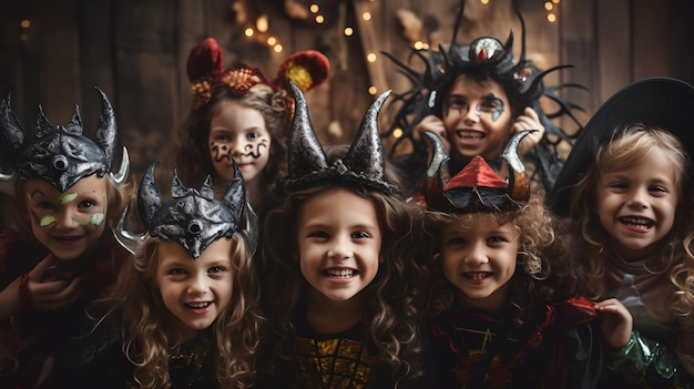 Een groep kinderen verkleed in Halloween kostuums Generatieve AI